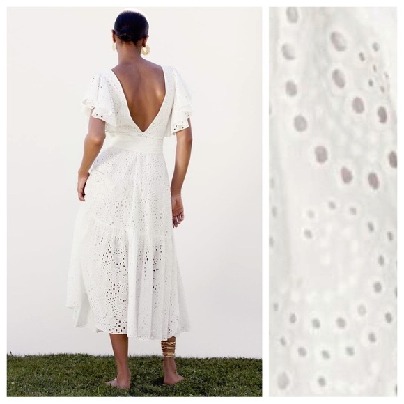 NWT. Zara White Cutwork Embroidery Midi Dress with V-neckline. Size S. - Picture 5 of 9